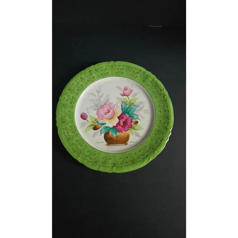 Vintage Porcelain Plate Painted Floral Basket Green Border Gold Trim Decor